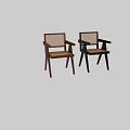 Wooden and Black Stools with Rattan Backrest Armrests and Crossed Leg Design