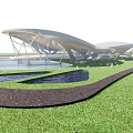 Unique Modern White Curved Architectural Structure In Green Grass Field With Blue Sky