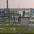 Modern Industrial Plant With Storage Tanks Chimney Piping System And Green Trees