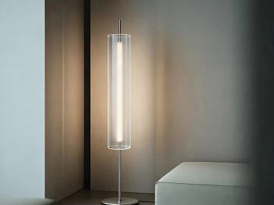 Modern Floor Lamp With Transparent Cylinder Shade Illuminating Minimalist Living Space 3d model