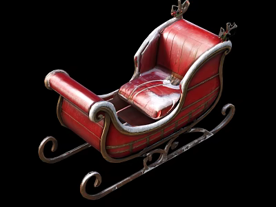 Red Leather Sleigh with Reindeer Antlers Ornate Metal Trim and Snow Accent 3d model