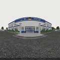 Aerial Planning of Police Station Exterior with White Blue Facade Police Signage and Security Gate