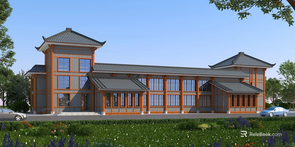 Traditional Ancient Architecture With Sloped Roof Wooden Frames Brick Walls And Green Surroundings 3d model 