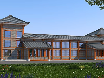 Traditional Ancient Architecture With Sloped Roof Wooden Frames Brick Walls And Green Surroundings 3d model