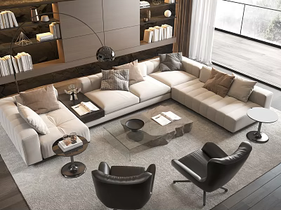 Modern Living Room With Beige L-shaped Sofa And Glass Coffee Table Set Black Chairs 3d model