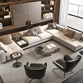 Modern Living Room With Beige L-shaped Sofa And Glass Coffee Table Set Black Chairs