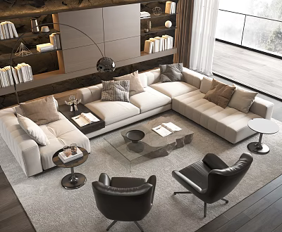 Modern Living Room With Beige L-shaped Sofa And Glass Coffee Table Set Black Chairs 3d model