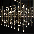 Modern Geometric Chandelier With Golden Metal Grid Structure And Multiple Small Bulbs
