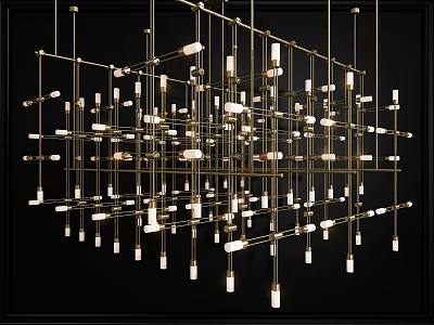 Modern Geometric Chandelier With Golden Metal Grid Structure And Multiple Small Bulbs 3d model
