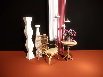 Rattan Leisure Chair With Beige Cushion Side Table And Pink Flowers In Vase 3d model