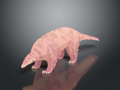 3D Rendered Low Poly Pink Pangolin with Geometric Scales on Reflective Black Surface 3d model