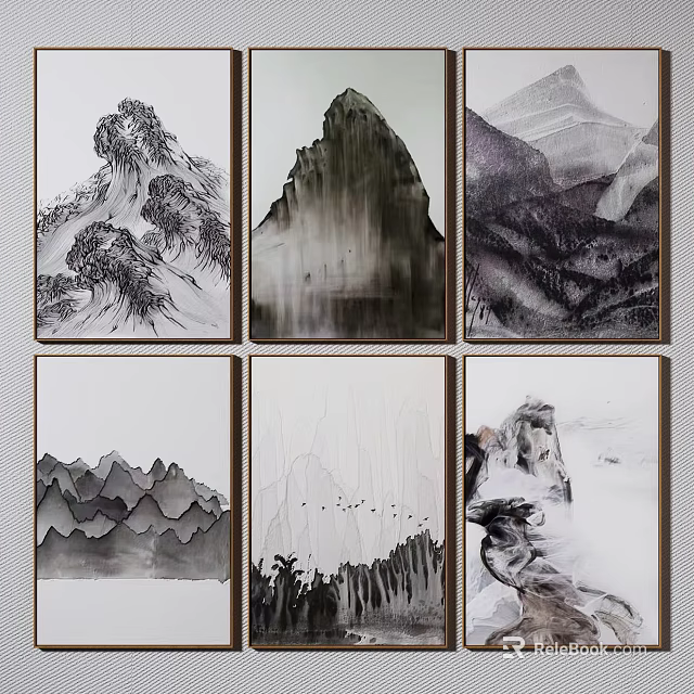 Six Chinese Ink Painting Mountain Landscape Hanging Wall Art For Home Decor 3d model 