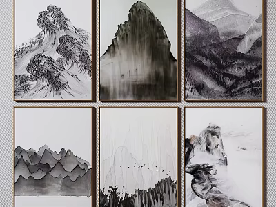 Six Chinese Ink Painting Mountain Landscape Hanging Wall Art For Home Decor 3d model