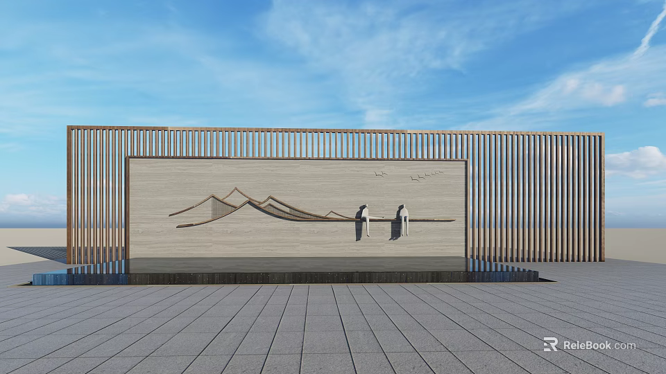 Decorative Feature Wall With Mountain Pattern Two Figures And Wooden Slats Against Blue Sky 3d model 