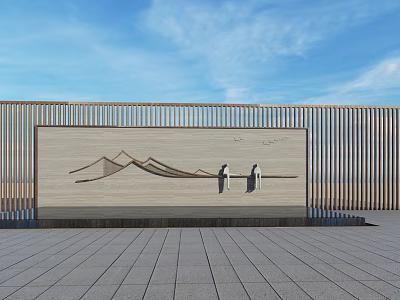 Decorative Feature Wall With Mountain Pattern Two Figures And Wooden Slats Against Blue Sky 3d model