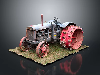 Vintage Tractor Model With Large Red Spiked Wheels Metal Body And Grass Base 3d model