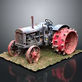 Vintage Tractor Model With Large Red Spiked Wheels Metal Body And Grass Base