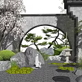 Traditional Chinese Scenic Wall Featuring Circular Archway Cherry Blossom Tree Bamboo Rocks And Stone Lantern