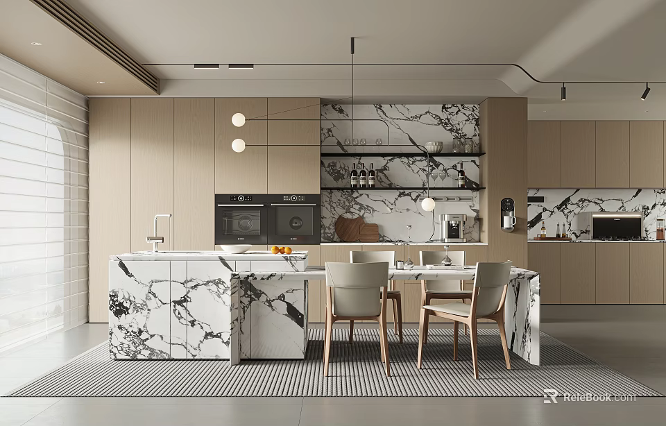 Modern Restaurant Interior With Open Design Marble Island Cabinets And Dining Chairs 3d model 