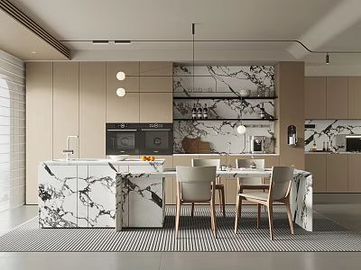 Modern Restaurant Interior With Open Design Marble Island Cabinets And Dining Chairs 3d model
