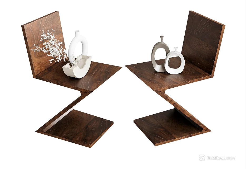 Stylish Unique Wooden Single Chair With Geometric Structure And Decorative White Vases 3d model 