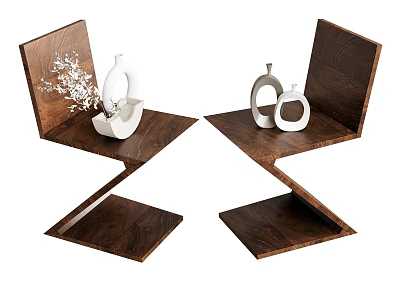 Stylish Unique Wooden Single Chair With Geometric Structure And Decorative White Vases 3d model
