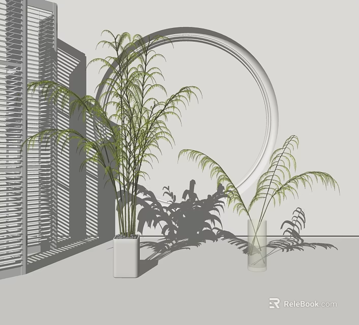 Bonsai Potted Plants Indoor Display With Window Blinds And Circular Decor Elements 3d model 