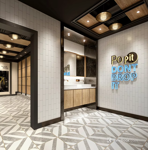 Public Restroom Interior With Tiled Walls Geometric Flooring Wooden Cabinets And Sink Area 3d model 