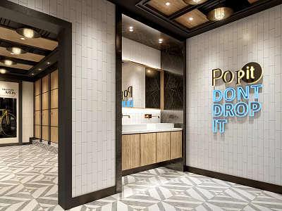 Public Restroom Interior With Tiled Walls Geometric Flooring Wooden Cabinets And Sink Area 3d model