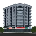 Modern Multi Storey Office Building With Large Windows Ground Floor Shops And Surrounding Trees 3d model