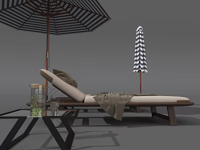 Wooden Frame Lounge Chair With Beige Cushion Blanket And Striped Umbrellas Near Black Table 3d model