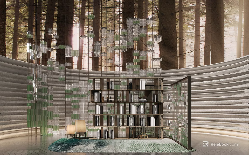 Natural Wooden Bookshelf In Forest Inspired Interior With Glass Chandeliers And Green Decor 3d model 