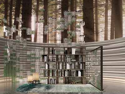 Natural Wooden Bookshelf In Forest Inspired Interior With Glass Chandeliers And Green Decor 3d model