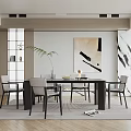 Modern Dining Room Interior With Wooden Table Gray Chairs Artwork Green Plant And Rug