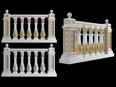 Ornate Building Exterior Wall Railings With White And Gold Decorative Columns 3d model