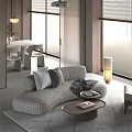 Modern Curved Textured Fabric Sofa And Wooden Coffee Table Set For Elegant Minimalist Living Room