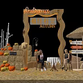 Scenic Autumn Photo Spot With Wooden Arch Pumpkins Hay Bales And Blue Sky