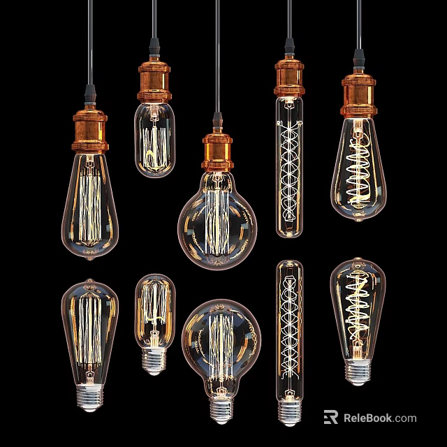 Vintage Industrial Pendant Lights With Copper Bases And Filament Bulb Designs 3d model 