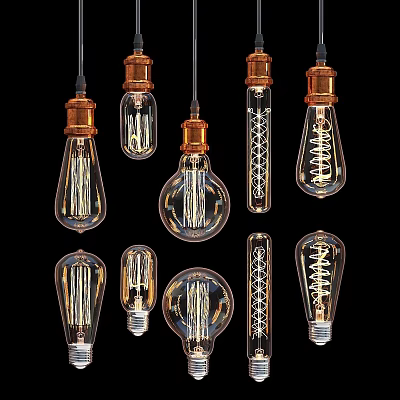 Vintage Industrial Pendant Lights With Copper Bases And Filament Bulb Designs 3d model