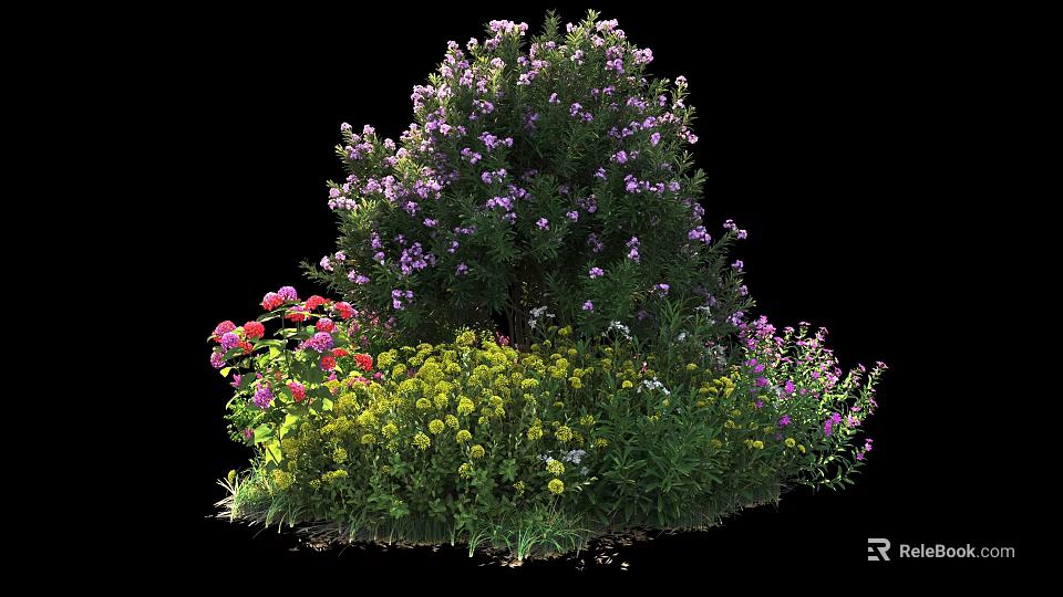 Vibrant Garden Shrub With Purple Pink Yellow Flowers And Green Leaves 3d model 