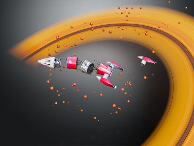 Red And White Spacecraft Flying Through Orange Cosmic Ring With Small Particles 3d model