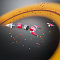 Red And White Spacecraft Flying Through Orange Cosmic Ring With Small Particles