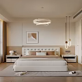 Modern Minimalist Bedroom Interior With Large Bed Chandelier And Decorative Painting