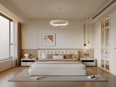 Modern Minimalist Bedroom Interior With Large Bed Chandelier And Decorative Painting 3d model