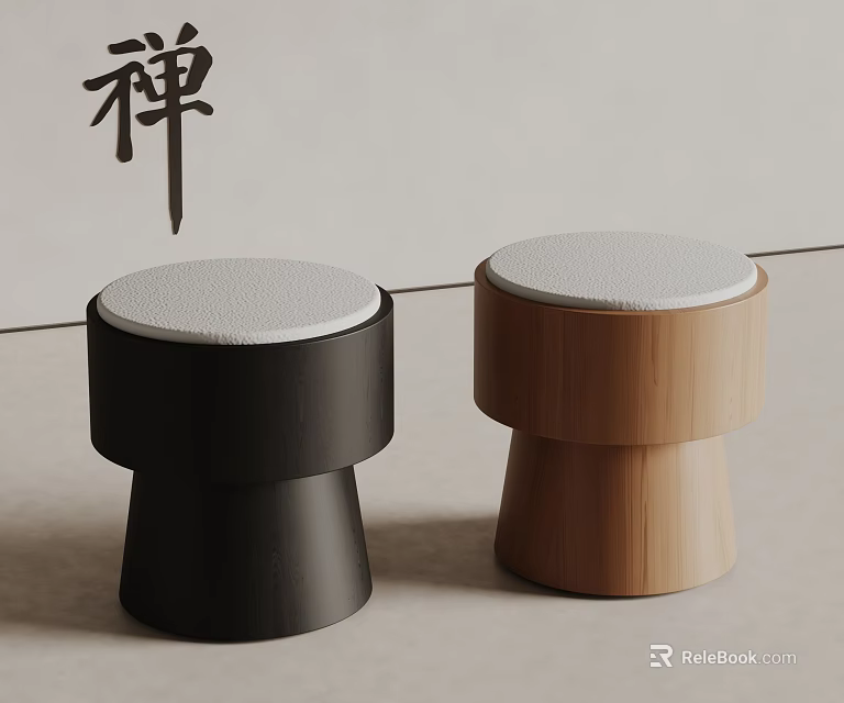 Zen Inspired Minimalist Stools Black And Wooden With Padded White Seats Modern Home Decor 3d model 