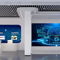 Modern Office Reception Desk With Marble Wall Company Logo And Ceiling Lights