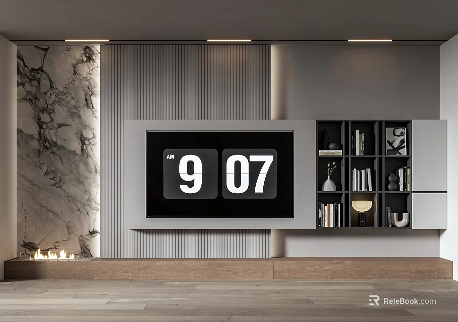 Modern Living Room Design With Digital Clock TV Bookshelf And Marble Wall Decor 3d model 