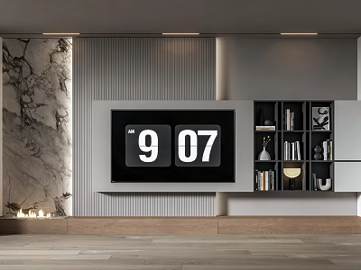 Modern Living Room Design With Digital Clock TV Bookshelf And Marble Wall Decor 3d model
