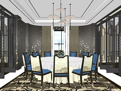 Modern Private Dining Room Interior With Round Table Blue White Chairs Chandeliers And Decorative Carpet 3d model