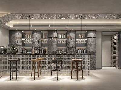 Modern Bar Area With Varied Stools Stone Walls And Wine Displays 3d model